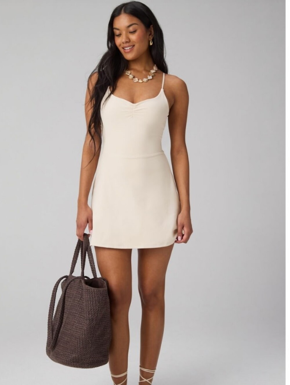 Fabletics Pureluxe Ruched Classic Mini Dress - Almond Milk